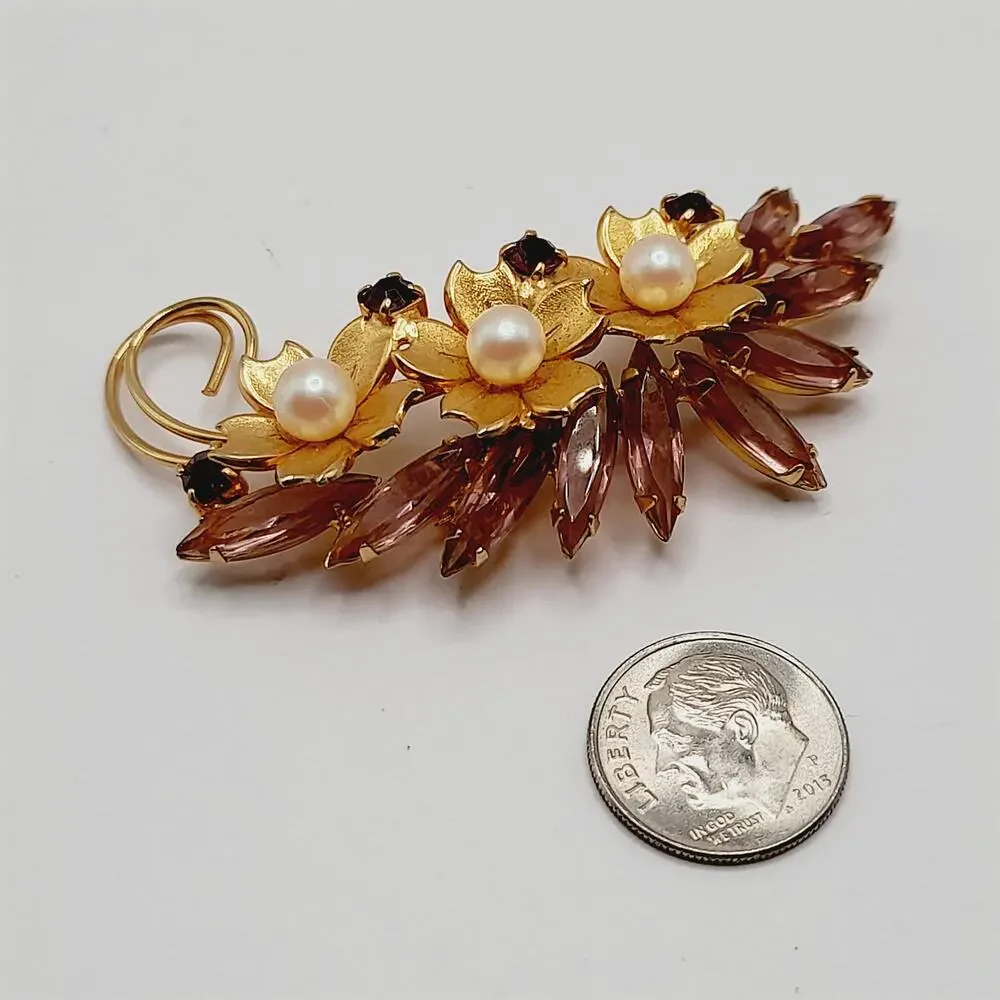 Vintage Floral Brooch, Faux Pearl Flowers, Open Back Rhinestones, 2 1/2